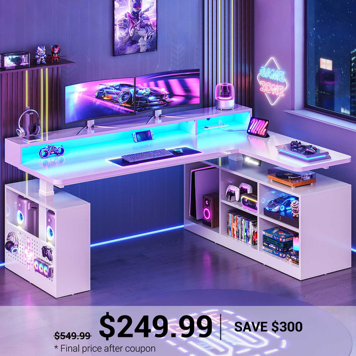SEDETA | 63 Inch Height Adjustable Computer Desk with Storage Shelves and LED Lights L Shaped Electric Standing Desk with Power Outlet and Pegboard