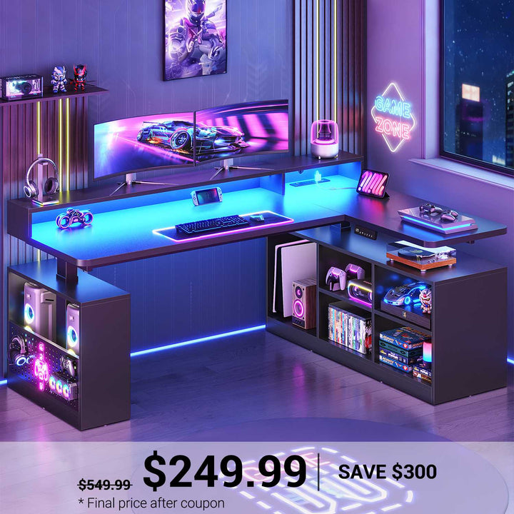 SEDETA | 63 Inch Height Adjustable Computer Desk with Storage Shelves and LED Lights L Shaped Electric Standing Desk with Power Outlet and Pegboard