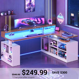 SEDETA | 63 Inch Height Adjustable Computer Desk with Storage Shelves and LED Lights L Shaped Electric Standing Desk with Power Outlet and Pegboard
