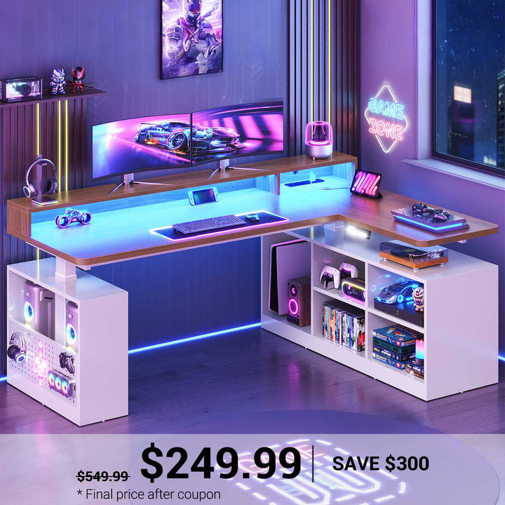 SEDETA | 63 Inch Height Adjustable Computer Desk with Storage Shelves and LED Lights L Shaped Electric Standing Desk with Power Outlet and Pegboard