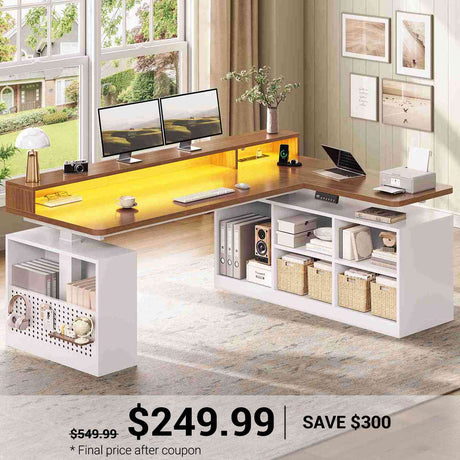 SEDETA | 63 Inch Height Adjustable Computer Desk with Storage Shelves and LED Lights L Shaped Electric Standing Desk with Power Outlet and Pegboard