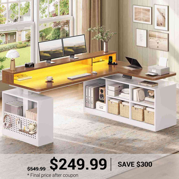 SEDETA | 63 Inch Height Adjustable Computer Desk with Storage Shelves and LED Lights L Shaped Electric Standing Desk with Power Outlet and Pegboard
