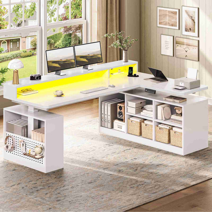 SEDETA | 63 Inch Height Adjustable Computer Desk with Storage Shelves and LED Lights L Shaped Electric Standing Desk with Power Outlet and Pegboard