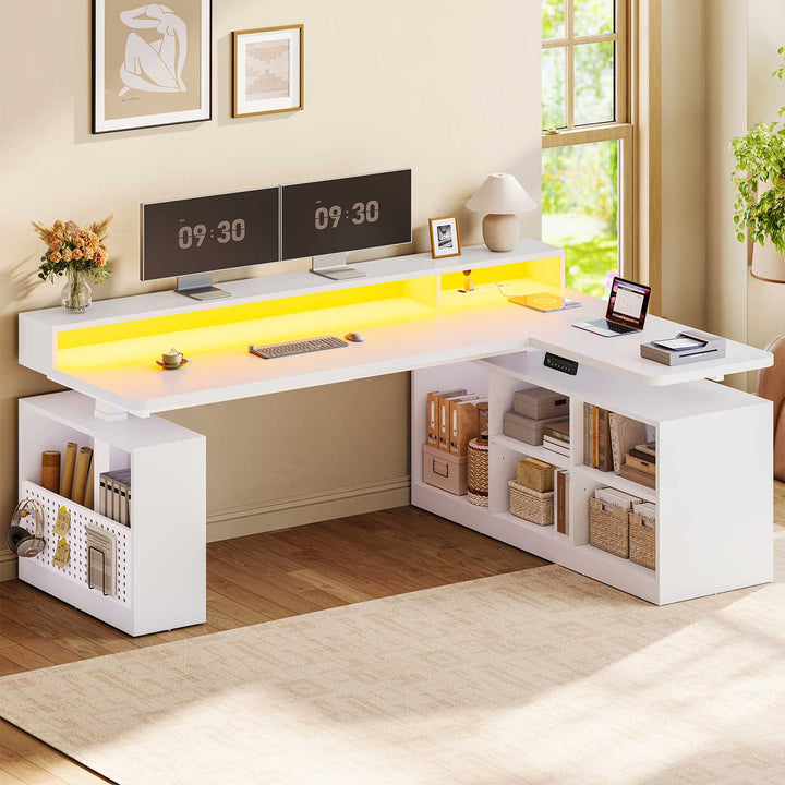 SEDETA | 63 Inch Height Adjustable Computer Desk with Storage Shelves and LED Lights L Shaped Electric Standing Desk with Power Outlet and Pegboard