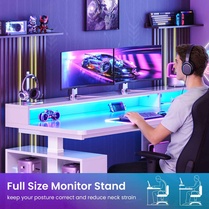 SEDETA | 63 Inch Height Adjustable Computer Desk with Storage Shelves and LED Lights L Shaped Electric Standing Desk with Power Outlet and Pegboard