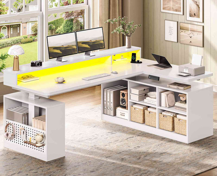 SEDETA® 63 Inch L Shaped Standing Desk Electric Height Adjustable Gaming Computer Desk with LED Lights Power Outlet Pegboard Storage Shelves