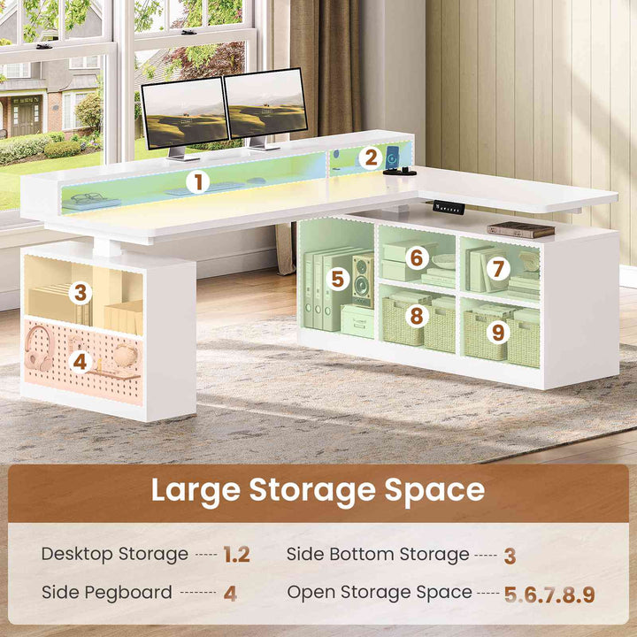 SEDETA | 63 Inch Height Adjustable Computer Desk with Storage Shelves and LED Lights L Shaped Electric Standing Desk with Power Outlet and Pegboard