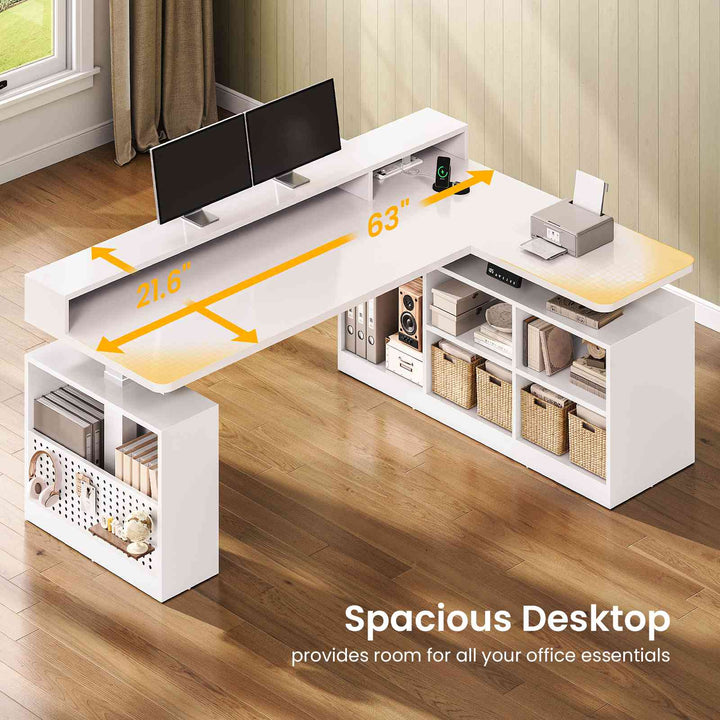 SEDETA | 63 Inch Height Adjustable Computer Desk with Storage Shelves and LED Lights L Shaped Electric Standing Desk with Power Outlet and Pegboard