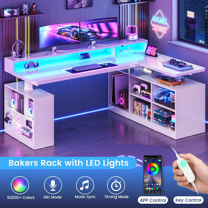 SEDETA | 63 Inch Height Adjustable Computer Desk with Storage Shelves and LED Lights L Shaped Electric Standing Desk with Power Outlet and Pegboard