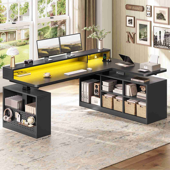 SEDETA | 63 Inch Height Adjustable Computer Desk with Storage Shelves and LED Lights L Shaped Electric Standing Desk with Power Outlet and Pegboard