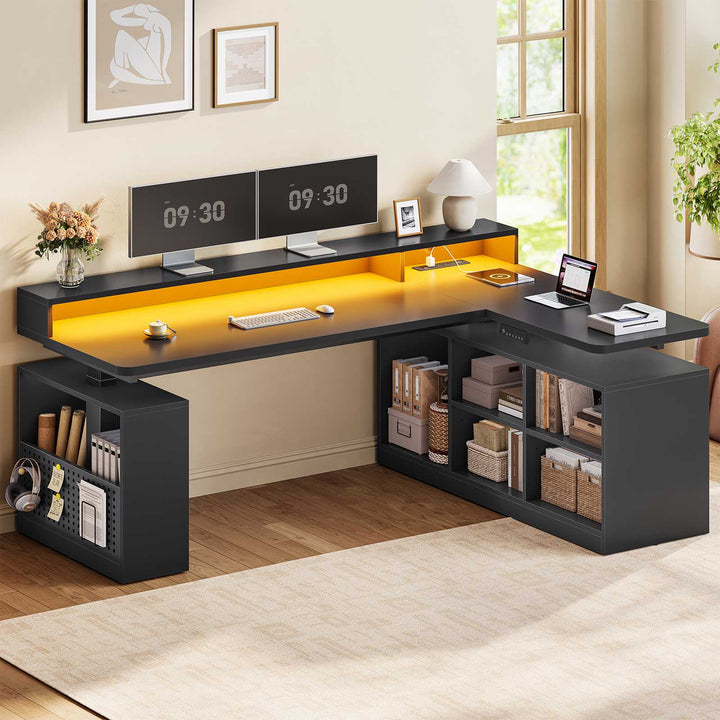 SEDETA | 63 Inch Height Adjustable Computer Desk with Storage Shelves and LED Lights L Shaped Electric Standing Desk with Power Outlet and Pegboard