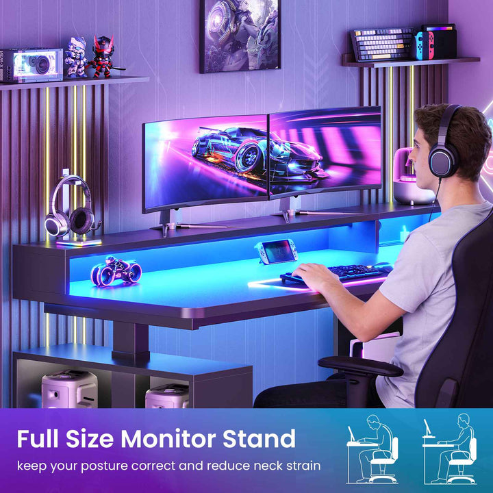 SEDETA | 63 Inch Height Adjustable Computer Desk with Storage Shelves and LED Lights L Shaped Electric Standing Desk with Power Outlet and Pegboard