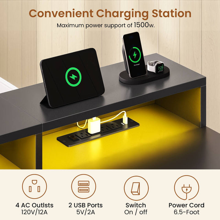 SEDETA | 63 Inch Height Adjustable Computer Desk with Storage Shelves and LED Lights L Shaped Electric Standing Desk with Power Outlet and Pegboard