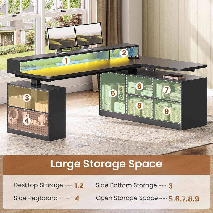 SEDETA | 63 Inch Height Adjustable Computer Desk with Storage Shelves and LED Lights L Shaped Electric Standing Desk with Power Outlet and Pegboard