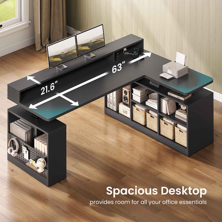 SEDETA | 63 Inch Height Adjustable Computer Desk with Storage Shelves and LED Lights L Shaped Electric Standing Desk with Power Outlet and Pegboard