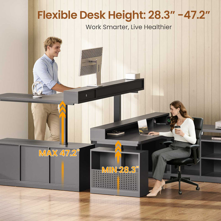 SEDETA | 63 Inch Height Adjustable Computer Desk with Storage Shelves and LED Lights L Shaped Electric Standing Desk with Power Outlet and Pegboard