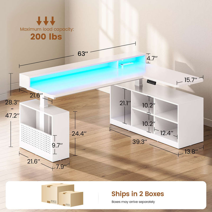 SEDETA | 63 Inch Height Adjustable Computer Desk with Storage Shelves and LED Lights L Shaped Electric Standing Desk with Power Outlet and Pegboard