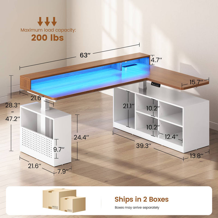 SEDETA | 63 Inch Height Adjustable Computer Desk with Storage Shelves and LED Lights L Shaped Electric Standing Desk with Power Outlet and Pegboard