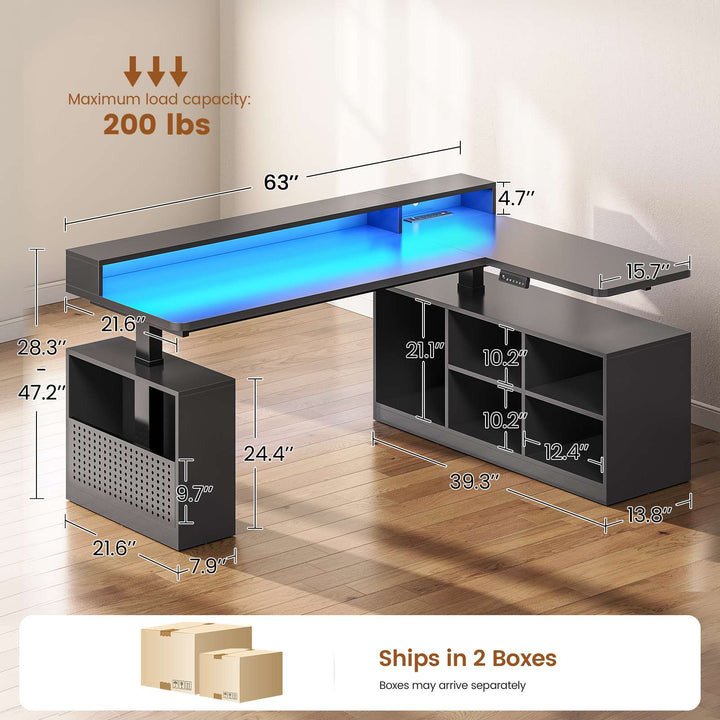 SEDETA | 63 Inch Height Adjustable Computer Desk with Storage Shelves and LED Lights L Shaped Electric Standing Desk with Power Outlet and Pegboard