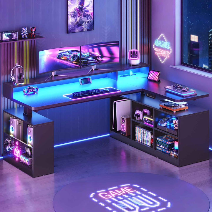 SEDETA | 63 Inch Height Adjustable Computer Desk with Storage Shelves and LED Lights L Shaped Electric Standing Desk with Power Outlet and Pegboard