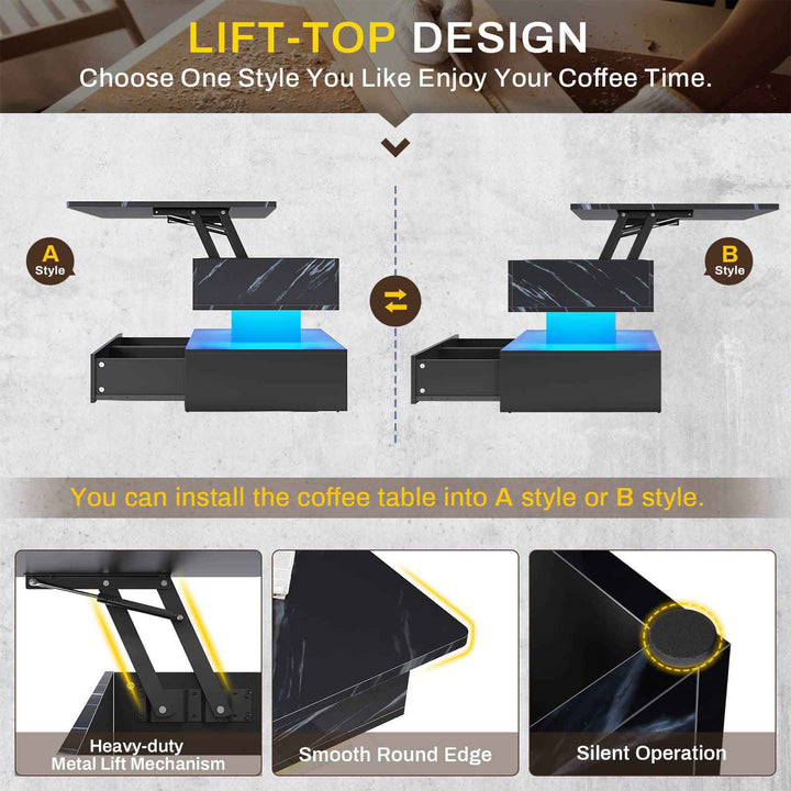 SEDETA 40 Inch Lift Top Coffee Table with Led Lights Storage for Living Room