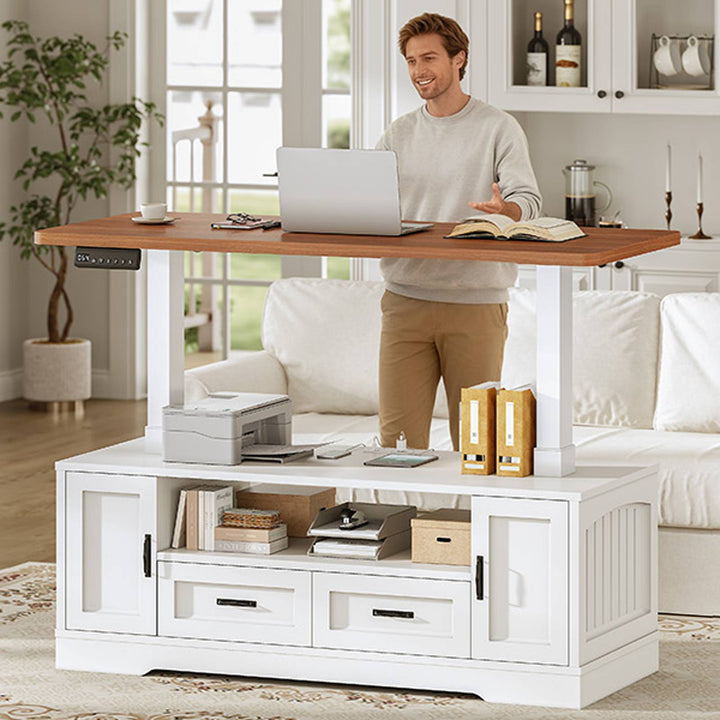 SEDETA 47.2 Inch Electric Standing Coffee Table with Storage Farmhouse Lift Top Coffee Table with Drawers and Open Shelves Height Adjustable Power Outlet