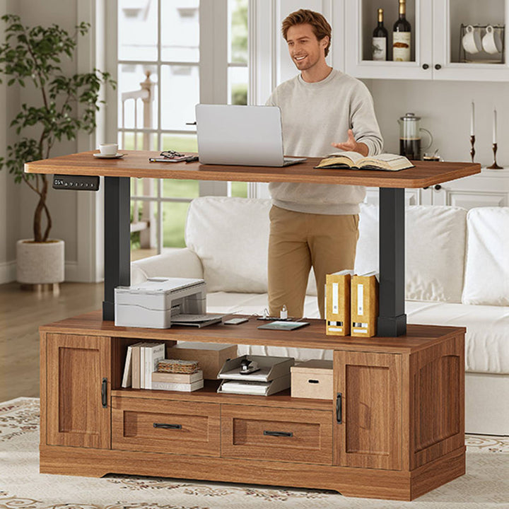 SEDETA 47.2 Inch Electric Standing Coffee Table with Storage Farmhouse Lift Top Coffee Table with Drawers and Open Shelves Height Adjustable Power Outlet