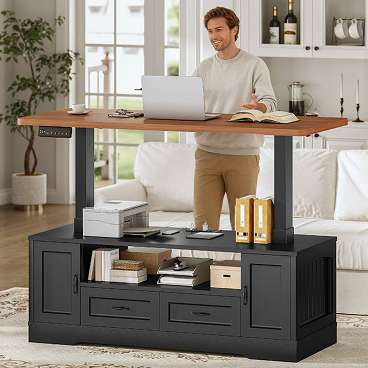 SEDETA 47.2 Inch Electric Standing Coffee Table with Storage Farmhouse Lift Top Coffee Table with Drawers and Open Shelves Height Adjustable Power Outlet