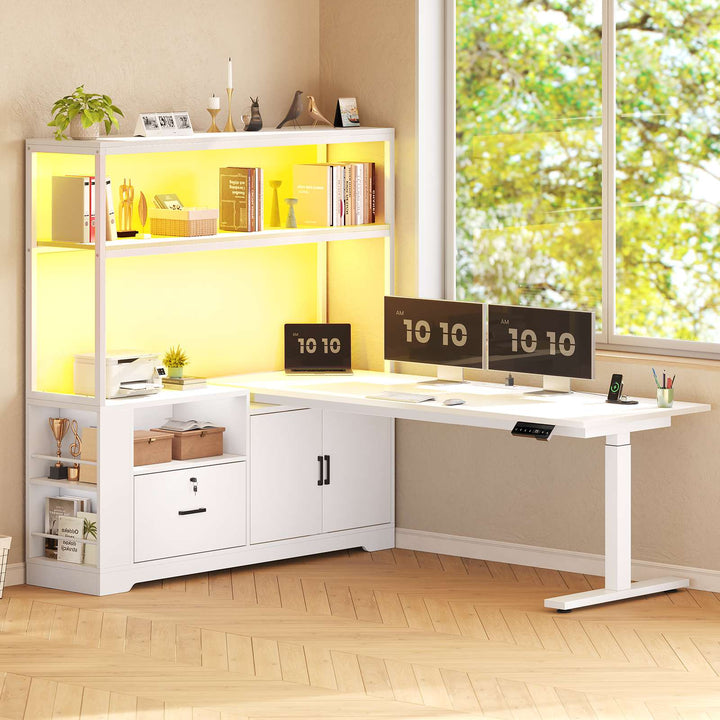 SEDETA 56.7 Inch Standing Desk Height Adjustable Electric L Shaped Stand Up Computer Gaming Desk with Drawers Hutch Power Outlets