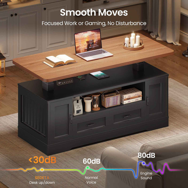 SEDETA 47.2 Inch Electric Standing Coffee Table with Storage Farmhouse Lift Top Coffee Table with Drawers and Open Shelves Height Adjustable Power Outlet