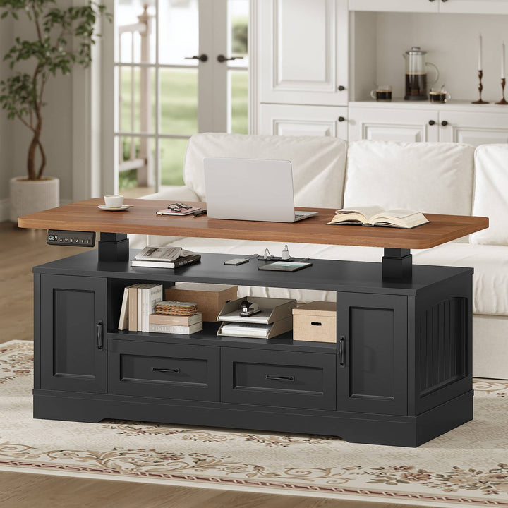 SEDETA 47.2 Inch Electric Standing Coffee Table with Storage Farmhouse Lift Top Coffee Table with Drawers and Open Shelves Height Adjustable Power Outlet