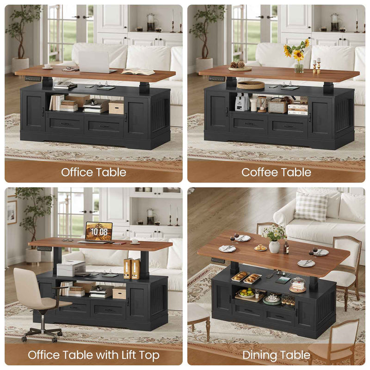 SEDETA 47.2 Inch Electric Standing Coffee Table with Storage Farmhouse Lift Top Coffee Table with Drawers and Open Shelves Height Adjustable Power Outlet