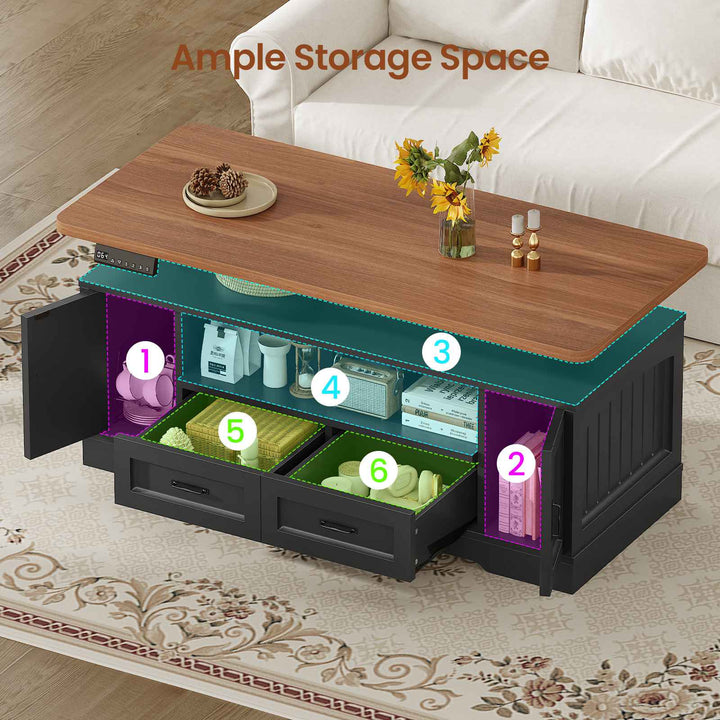 SEDETA 47.2 Inch Electric Standing Coffee Table with Storage Farmhouse Lift Top Coffee Table with Drawers and Open Shelves Height Adjustable Power Outlet