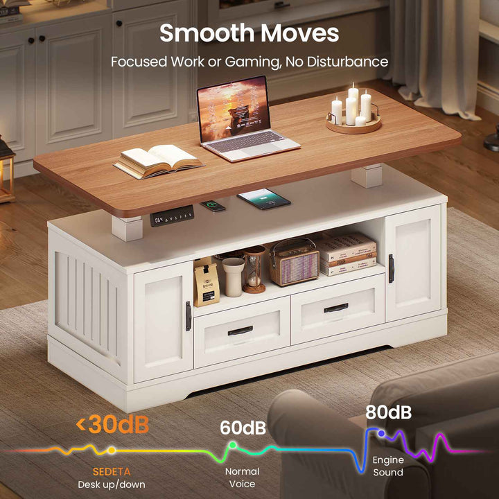 SEDETA 47.2 Inch Electric Standing Coffee Table with Storage Farmhouse Lift Top Coffee Table with Drawers and Open Shelves Height Adjustable Power Outlet