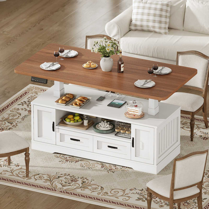 SEDETA 47.2 Inch Electric Standing Coffee Table with Storage Farmhouse Lift Top Coffee Table with Drawers and Open Shelves Height Adjustable Power Outlet