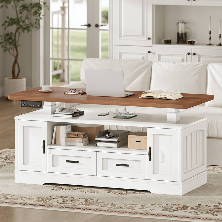 SEDETA 47.2 Inch Electric Standing Coffee Table with Storage Farmhouse Lift Top Coffee Table with Drawers and Open Shelves Height Adjustable Power Outlet
