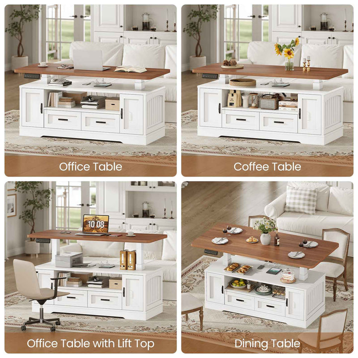 SEDETA 47.2 Inch Electric Standing Coffee Table with Storage Farmhouse Lift Top Coffee Table with Drawers and Open Shelves Height Adjustable Power Outlet