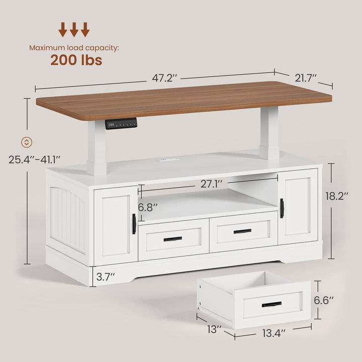 SEDETA 47.2 Inch Electric Standing Coffee Table with Storage Farmhouse Lift Top Coffee Table with Drawers and Open Shelves Height Adjustable Power Outlet