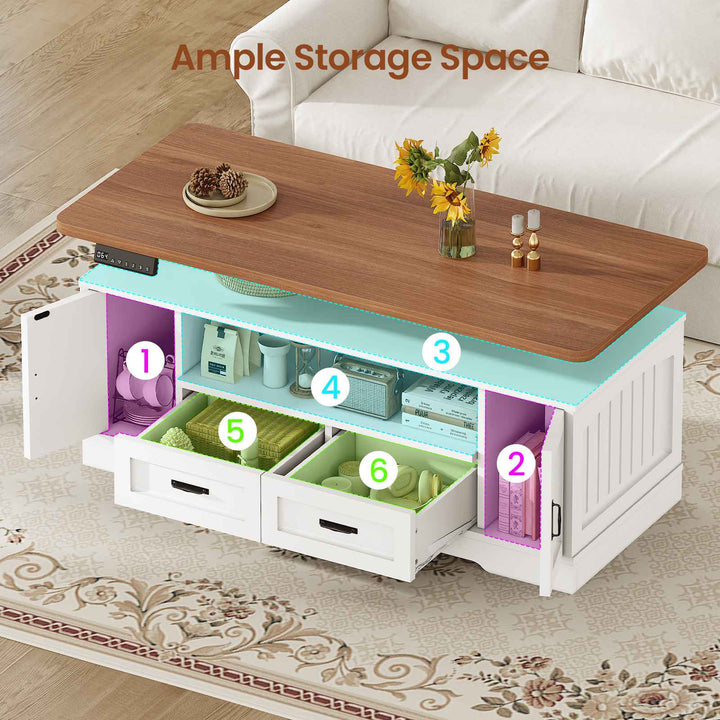 SEDETA 47.2 Inch Electric Standing Coffee Table with Storage Farmhouse Lift Top Coffee Table with Drawers and Open Shelves Height Adjustable Power Outlet