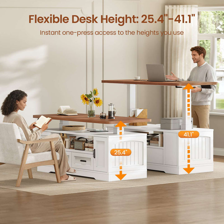 SEDETA 47.2 Inch Electric Standing Coffee Table with Storage Farmhouse Lift Top Coffee Table with Drawers and Open Shelves Height Adjustable Power Outlet