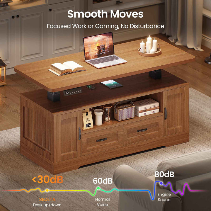 SEDETA 47.2 Inch Electric Standing Coffee Table with Storage Farmhouse Lift Top Coffee Table with Drawers and Open Shelves Height Adjustable Power Outlet