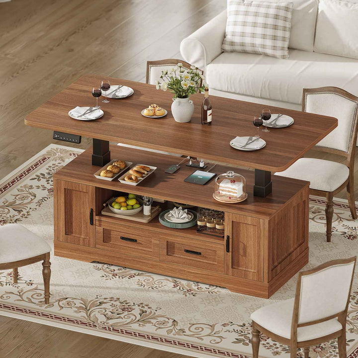 SEDETA 47.2 Inch Electric Standing Coffee Table with Storage Farmhouse Lift Top Coffee Table with Drawers and Open Shelves Height Adjustable Power Outlet