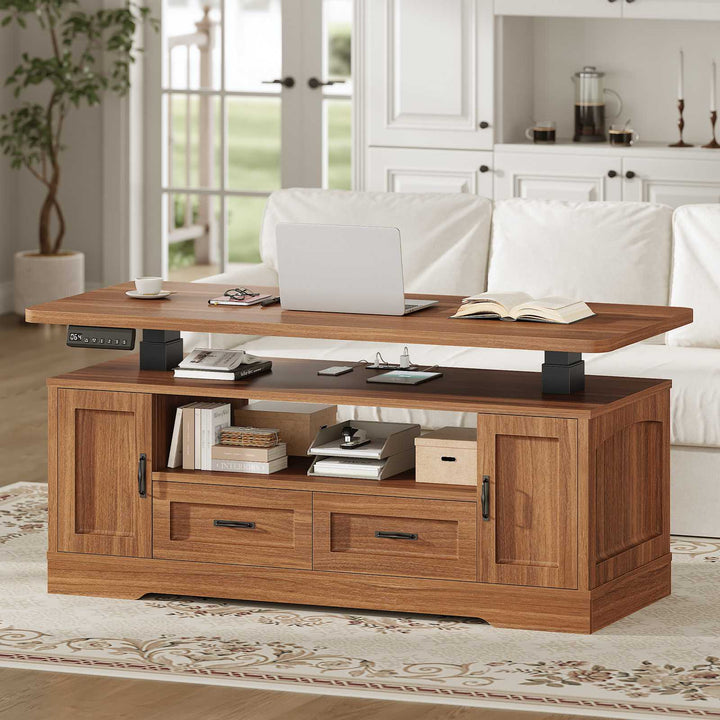 SEDETA 47.2 Inch Electric Standing Coffee Table with Storage Farmhouse Lift Top Coffee Table with Drawers and Open Shelves Height Adjustable Power Outlet