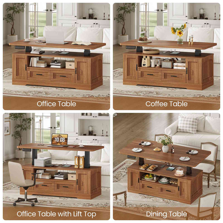 SEDETA 47.2 Inch Electric Standing Coffee Table with Storage Farmhouse Lift Top Coffee Table with Drawers and Open Shelves Height Adjustable Power Outlet