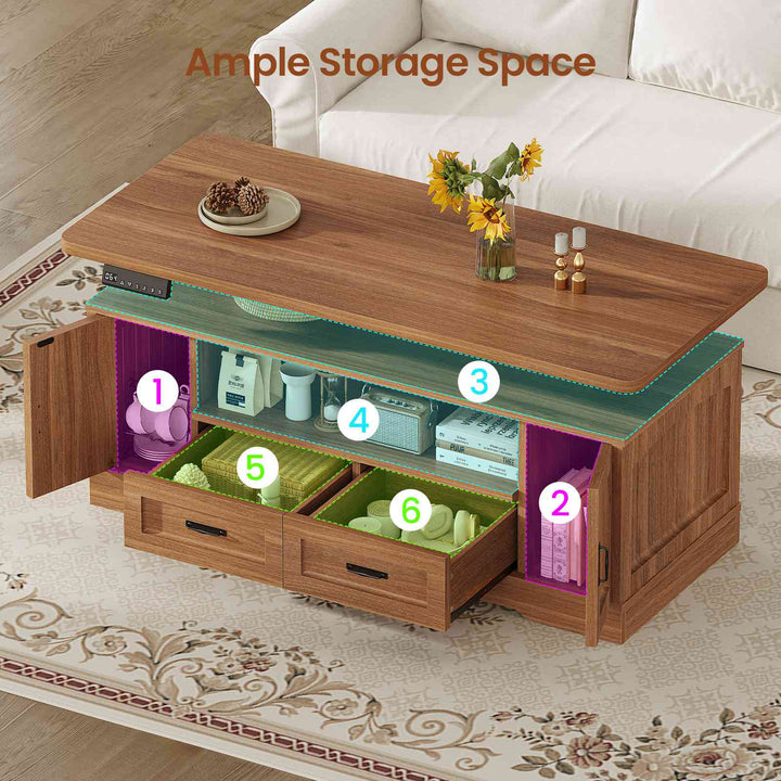 SEDETA 47.2 Inch Electric Standing Coffee Table with Storage Farmhouse Lift Top Coffee Table with Drawers and Open Shelves Height Adjustable Power Outlet