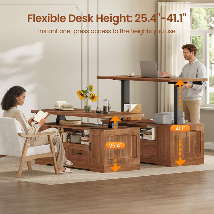 SEDETA 47.2 Inch Electric Standing Coffee Table with Storage Farmhouse Lift Top Coffee Table with Drawers and Open Shelves Height Adjustable Power Outlet