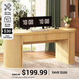 SEDETA® 58.3 Inch Fluted Long Computer Desk Executive Desk Wood Office Desk with 2 Drawers 2 Sliding Doors 4 Storage Shelves Power Strip