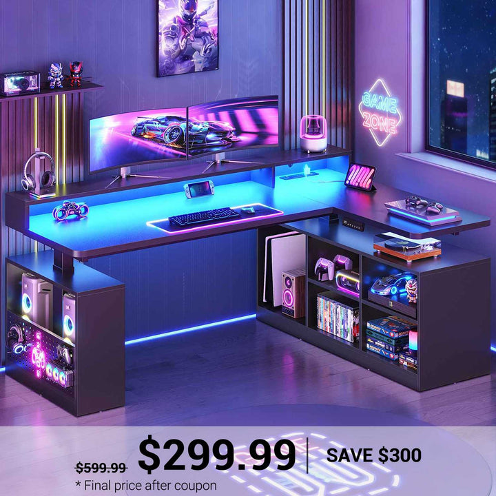 SEDETA 63 Inch Electric Standing Desk L Shaped Height Adjustable Gaming Computer Desk with Storage Shelves LED Lights Power Outlet and Pegboard