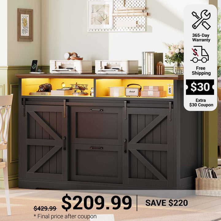 SEDETA 47.2 Inch File Cabinet 2 Drawers Farmhouse Filing Cabinets for A4 File with Barn Door Power Outlets Printer Stand LED Lights