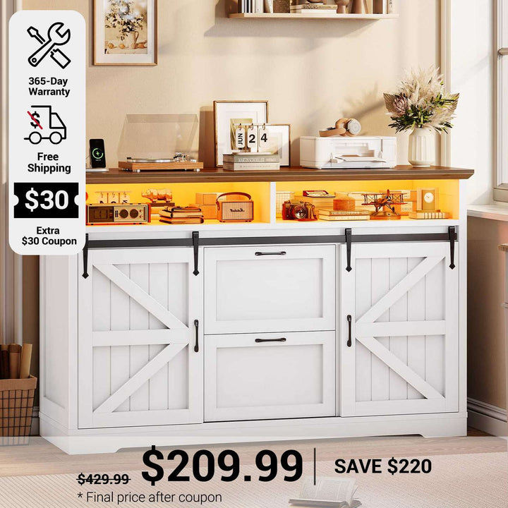 SEDETA 47.2 Inch File Cabinet 2 Drawers Farmhouse Filing Cabinets for A4 File with Barn Door Power Outlets Printer Stand LED Lights